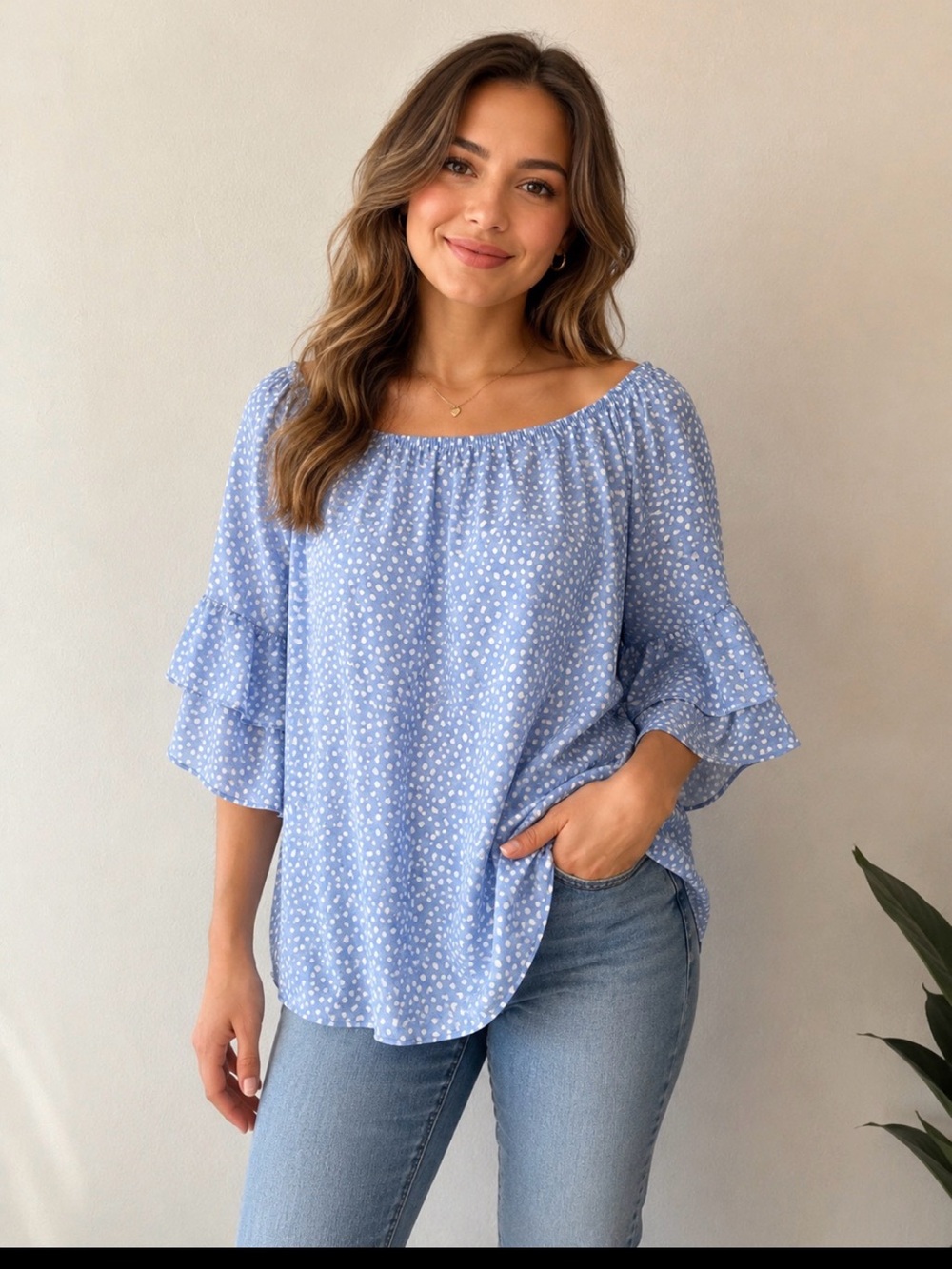 ADORA Light Blue Polka Dot Ruffle Sleeve Tunic Top Size Large